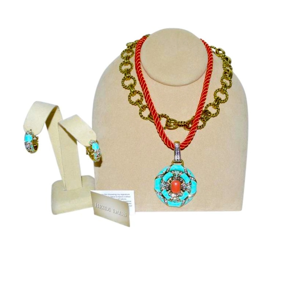 Heidi Daus Turquoise Coral Bronzetone “Newport Chic” Enamel Crystal Set